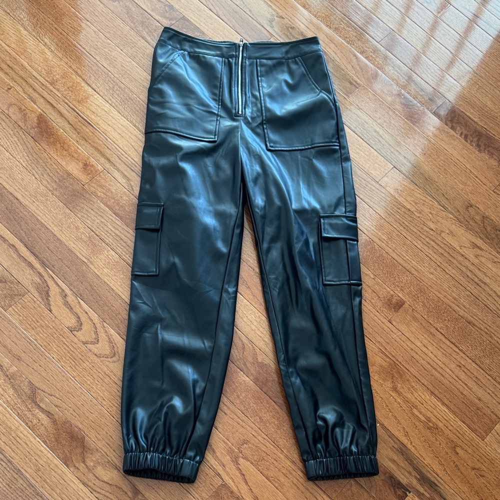 Black Faux Leather Cargo Pants